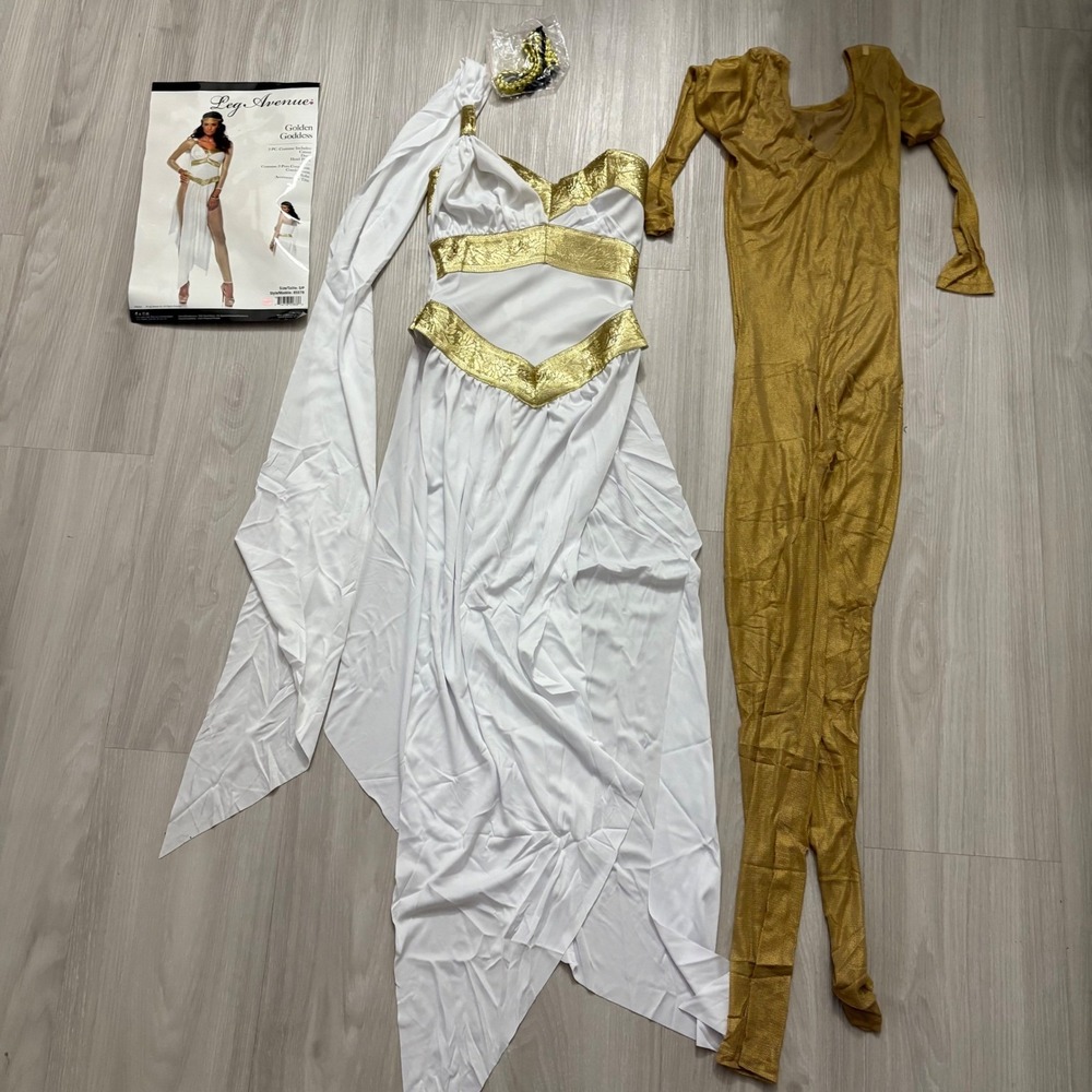 Leg Avenue Golden Goddess Costume Size S/P 3 Piece Catsuit Dress Headpiece - Picture 3 of 12